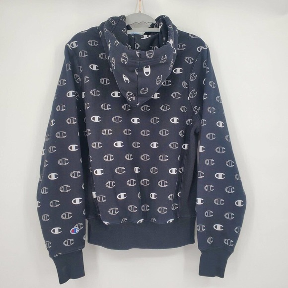 Champion Reverse Weave Hoodie Men's Small Black All Over Logo Side Stretch Flaw - Picture 2 of 14